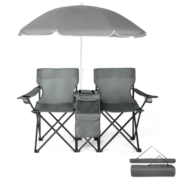 Portable Outdoor 2-Seat Folding Chair with Removable Sun Umbrella Grey