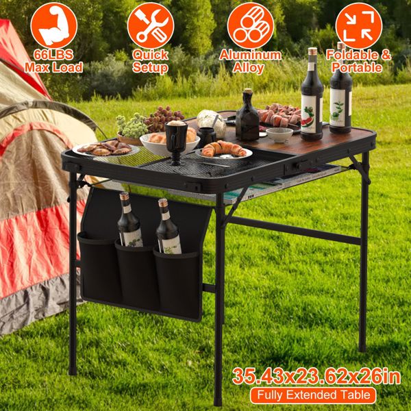 Foldable Camping Table Collapsible Picnic Aluminum Alloy Grill Stand 66LBS Max Load Height Adjustable BBQ Table with Adjustable Height Storage Net 35.43x23.62x26in 