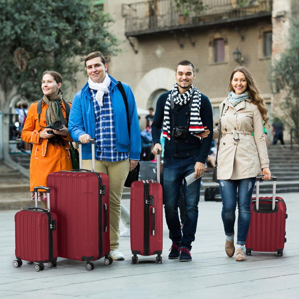 FCH Four-Piece Set Vertical Stripe ABS Luggage 16in, 20in, 24in, 28in with ABS Material and Steel Telescopic Handle in Classic Burgundy