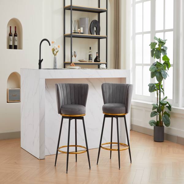 Counter Height Bar Stools Set of 2, 360° Swivel Upholstered Barstools with Backs and Metal Legs, 26" H Seat Height, Velvet Fabric,Goldy Footrest