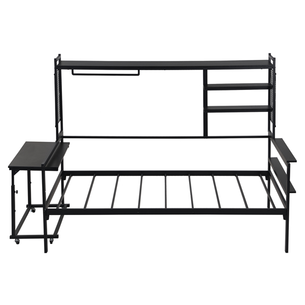 Twin size Metal Daybed with Movable Desk, Metal Grid, Shelves and Clothes Hanger, Black