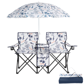 Portable Outdoor 2-Seat Folding Chair with Removable Sun Umbrella Coconut Tree