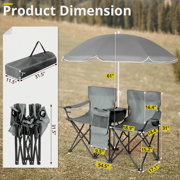 Portable Outdoor 2-Seat Folding Chair with Removable Sun Umbrella Grey