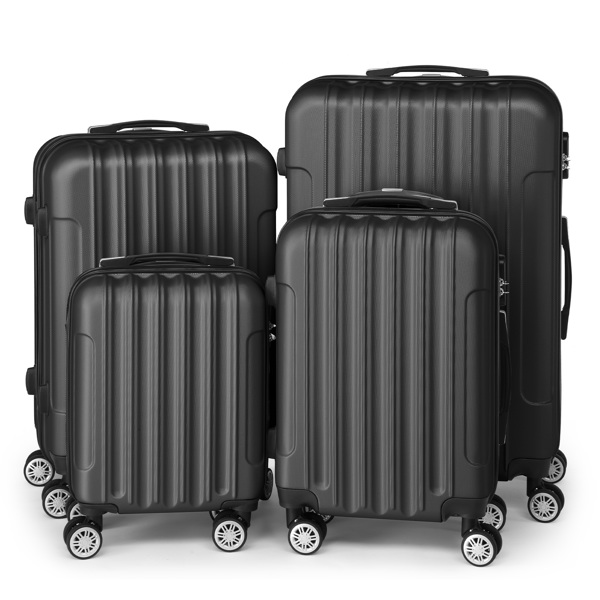 FCH Four-Piece Set Vertical Stripe ABS Luggage 16in, 20in, 24in, 28in with ABS Material and Steel Telescopic Handle in Classic Black