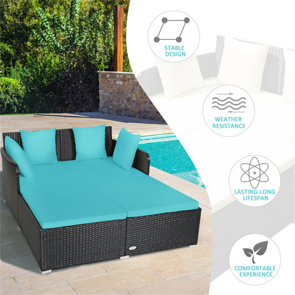 Turquoise Outdoor Rattan Daybed with Upholstered Cushions