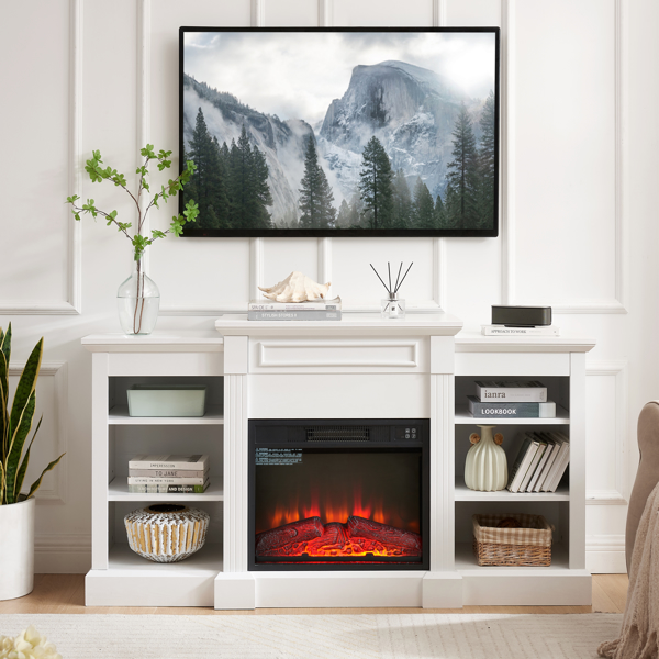 Media Console Table with Large Storage Cabinet, with 23" Fireplace Insert, for TV Up to 70'', Modern TV Media Entertaionment Stand, White, 65.75"W*17"D*32.48"H