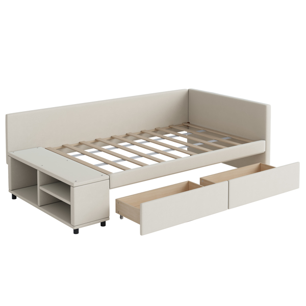 Twin size L-Shaped Upholstered Platform Bed with Storage and Drawers, Beige