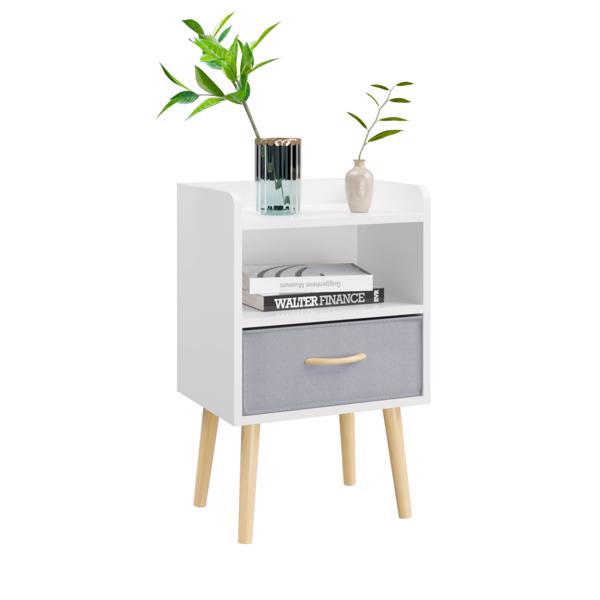 Nightstand With Collapsible Fabric Drawer, 2-Tier Storage End Table, Wood Side Table with Storage Cabinet for Kids, Adults - White