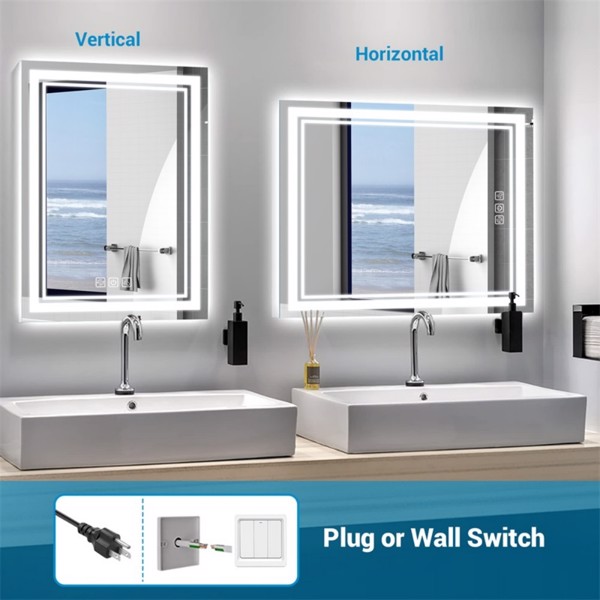 LED Bathroom Mirror 32" x 24" Front and Backlight, 5 Mins Defog, 5MM Full HD Reflected Wall Mounted Vanit 3 Colors Stepless Dimmable, Memory Function[Unable to ship on weekends, please note that]