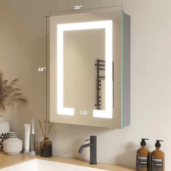 LED Bathroom Wall Medicine Cabinet Mirror 20"×28" with Storage Recessed or Surface Dimmable 3 Colors Temperature Anti-Fog Adjustable Shelf 2 Sockets 2 USB Interfaces[Unable to ship on weekends]