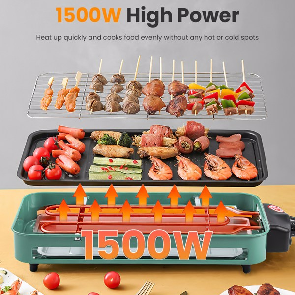 1500W Electric Indoor Grill 2 in 1 Electric BBQ Gill with Grill Net Removable Plate 5 Temperature Control 3 Small Trays Dishwasher Safe