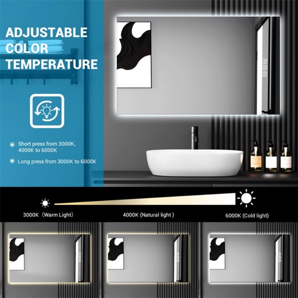 40" x 32" LED Bathroom Mirror Bright Backlight, 5 Mins Defog, Full HD Reflected Wall Mounted ,3 Colors Stepless Dimmable ,Memory Function, Anti-Fog[Unable to ship on weekends, please note that]