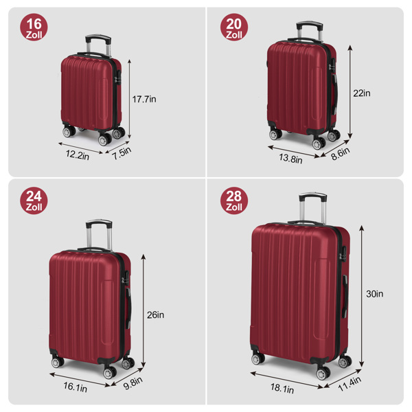 FCH Four-Piece Set Vertical Stripe ABS Luggage 16in, 20in, 24in, 28in with ABS Material and Steel Telescopic Handle in Classic Burgundy