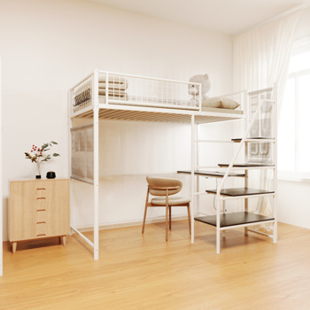 Twin sized loft metal bed with white for bedroom and dormitory, with built-in charging station and LED lighting