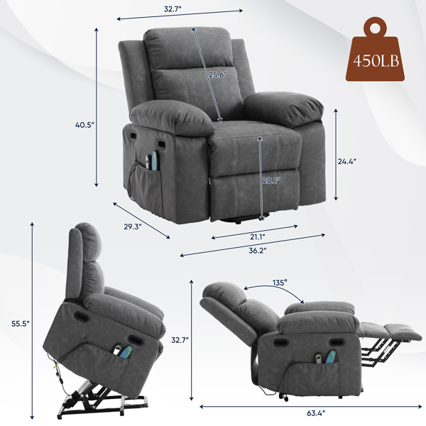 21"seat width,large size Electric Power Lift Recliner Chair Sofa for Elderly, 8 point vibration Massage and lumber heat, Remote Control, Side Pockets and Cup Holders, cozy