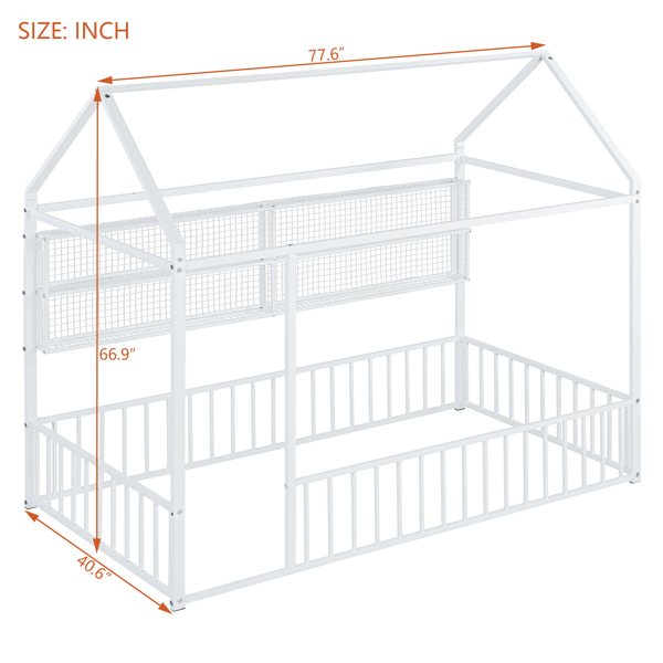 Twin Size Metal Bed House Bed Frame with Fence and Shelves, White