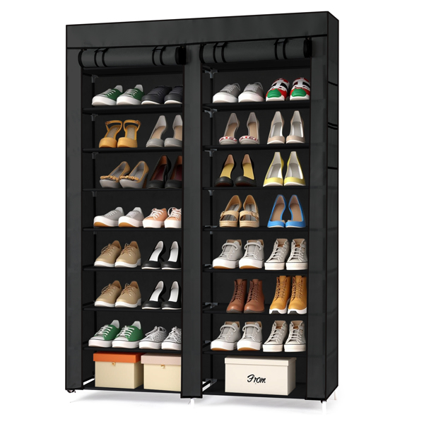 FCH Double Row 10-Tier Non-Woven Fabric Shoe Cabinet with Iron Pipes and Plastic Components, Black