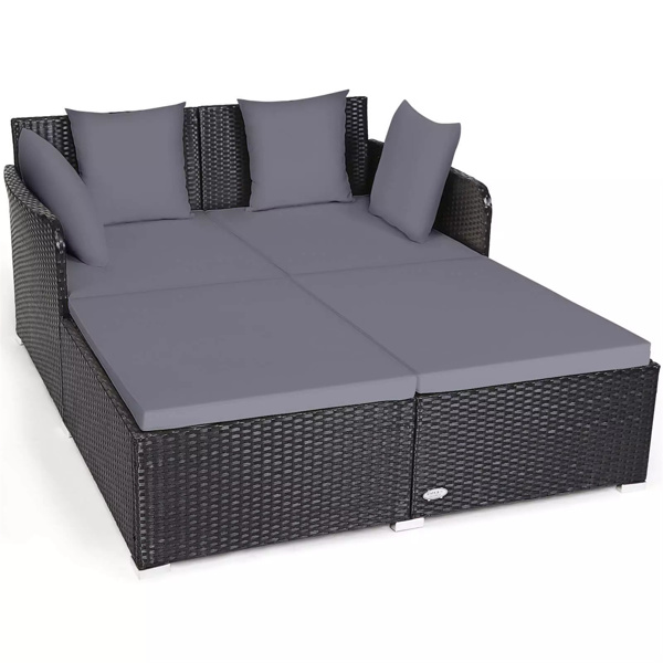 Gray Outdoor Rattan Daybed with Upholstered Cushions