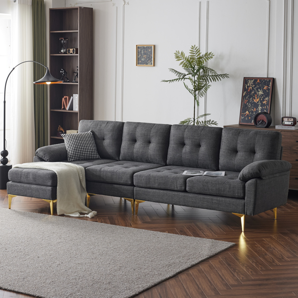 L-Shaped Sectional Sofa Couch for Living Room, Modern 4-Seater Tufted Linen Lounge Sleeper with Chaise, Dark Grey