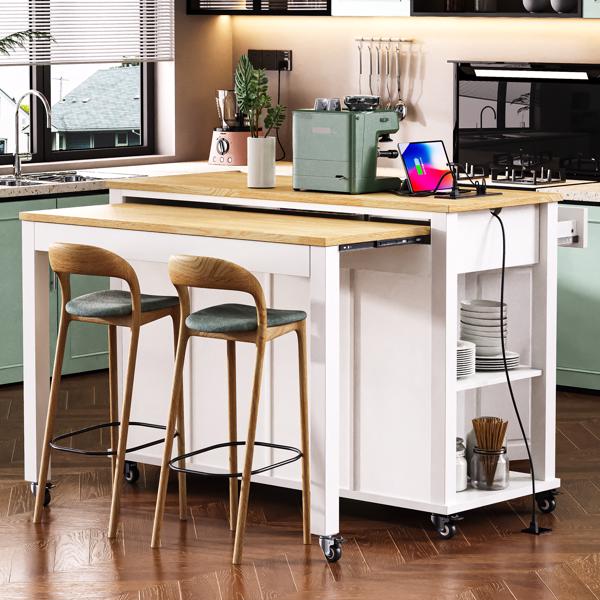 47 inch Kitchen Island with Extendable Dining Table, Rubber Wood Veneer Kitchen Table with Internal Storage Rack, Power Outlet, Kitchen island with Storage 2 Drawers 2 Cabinet,White