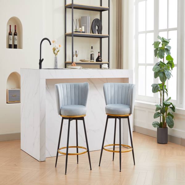 Counter Height Bar Stools Set of 2, 360° Swivel Upholstered Barstools with Backs and Metal Legs, 26" H Seat Height, Velvet Fabric,Goldy Footrest