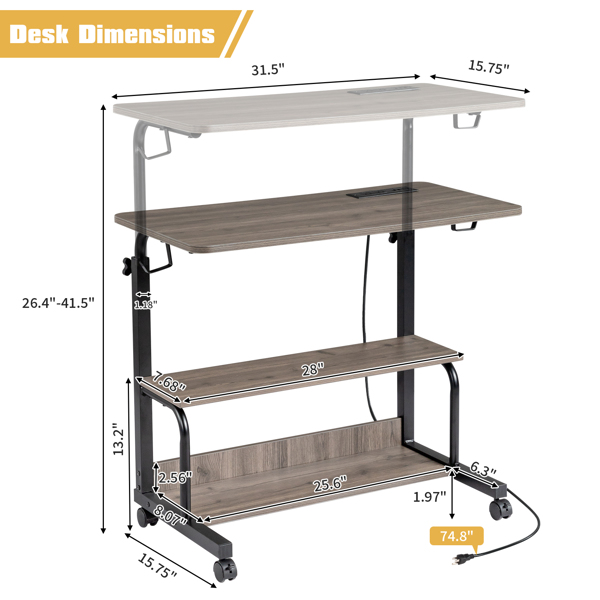 FCH Grey Oak P2 15MM Particle Board with Melamine Coating Adjustable Computer Desk with 3 USB + 2 AC Outlets