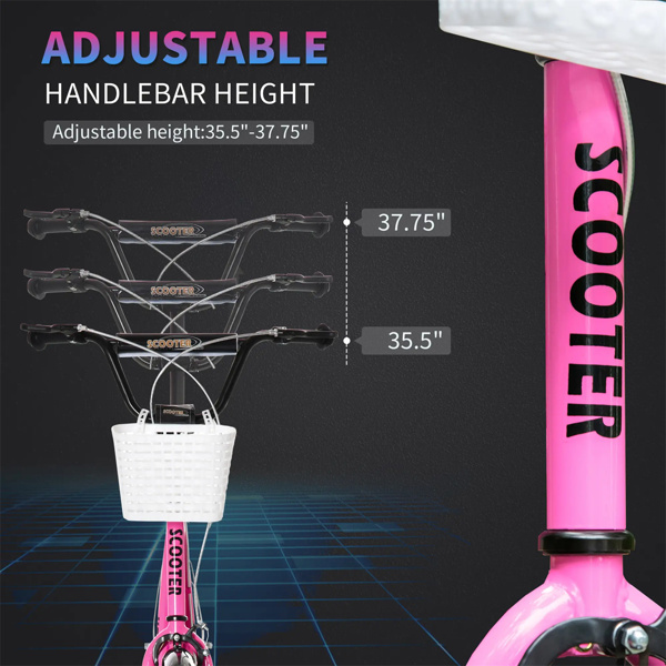 Youth Scooter with Adjustable Handlebars and plastic basket  16" Inflatable Rubber Tires  -Pink