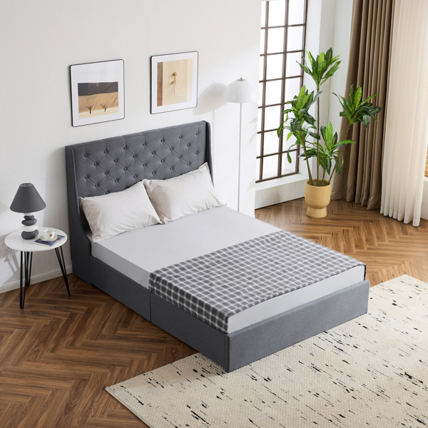 Upholstered Full Platform Storage Bed Frame with 4 Drawers, Wingback Headboard with Button Tufted Design, Wooden Slat Support, No Box Spring Needed, Dark Grey