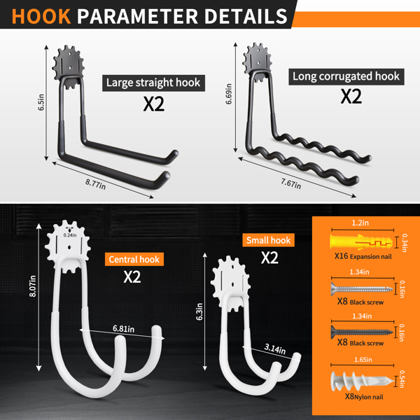 Garage hooks Black and white 8-piece garage hooks Heavy duty utility steel garage storage hooks, utility garage wall hooks for hanging bicycles, ladders and garden tools, black and white