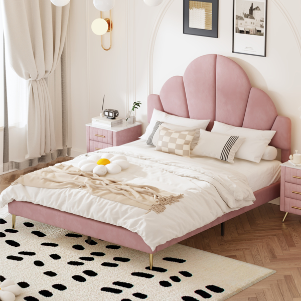 Queen Size Upholstered Bed Frame with Elegant Design, Modern Velvet Platform Bed with Petal Shape Headboard,Pink