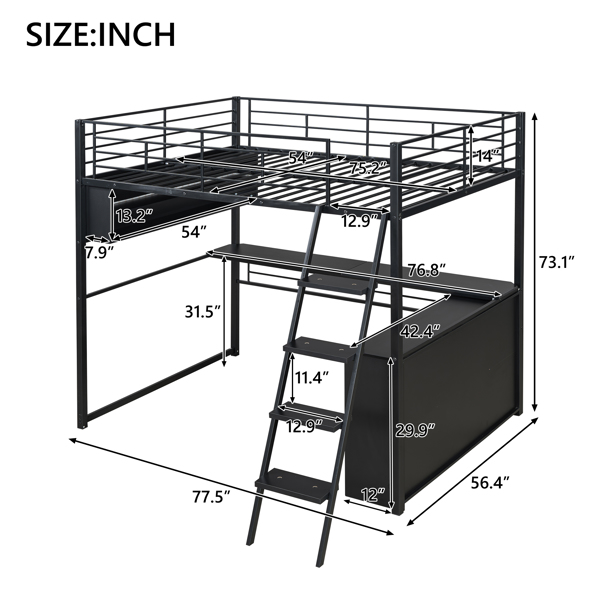 Full Size Metal Loft Bed with LED, Desk and 4 Storage Shelves, Black