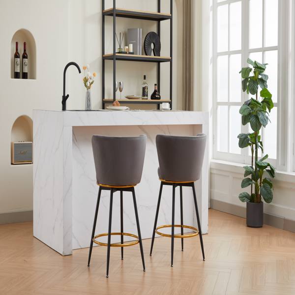 Counter Height Bar Stools Set of 2, 360° Swivel Upholstered Barstools with Backs and Metal Legs, 26" H Seat Height, Velvet Fabric,Goldy Footrest