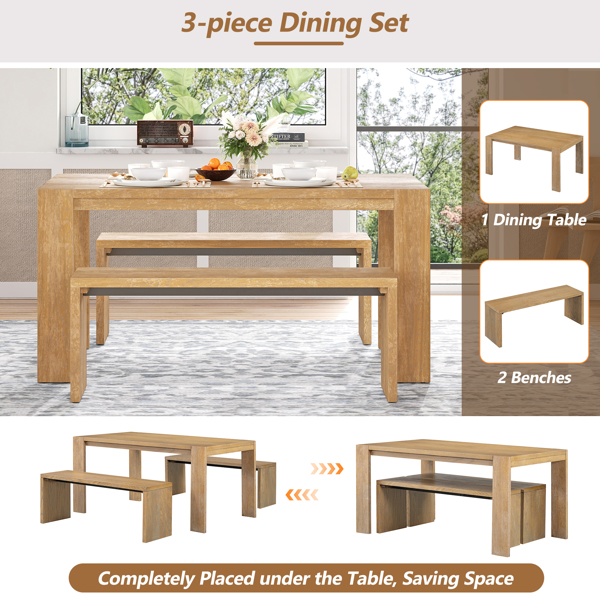 3-piece Farmhouse Style Simple Dining Set, Dining Table and 2 Benches, for Dining Room, Kitchen and Living Room (Natural Wood Wash)