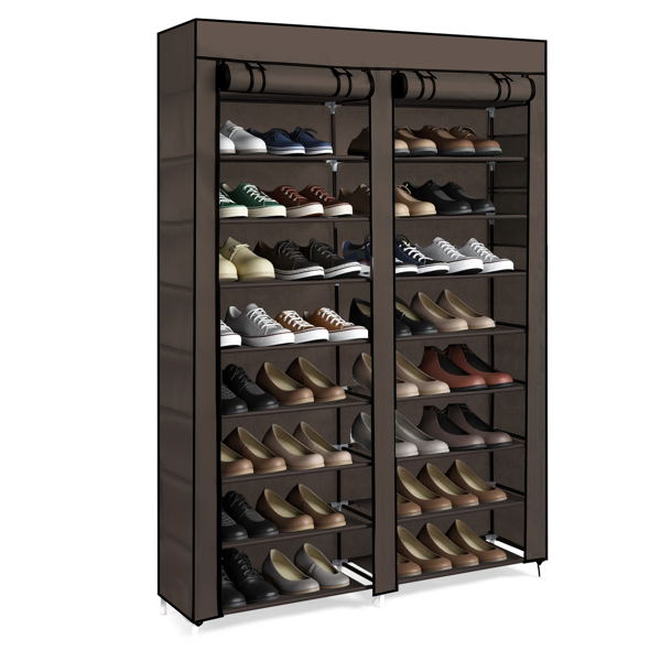 FCH Double Row 10-Tier Non-Woven Fabric Shoe Cabinet with Iron Pipes and Plastic Components, Brown