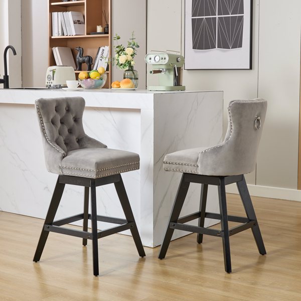 Swivel Velvet Barstools with Button Tufted Decoration and Wooden Legs, and Chrome Nailhead Trim, Leisure Style Bar Chairs,Bar stools, Set of 2 (Gray)