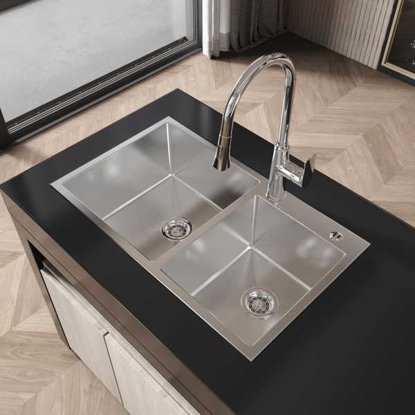 不锈钢厨房水槽，32英寸x19英寸拉丝镍双碗，超装手工水槽，带美国标准排水管和挂钩【周末不发货，TK/TEMU订单仅支持自提】-7
