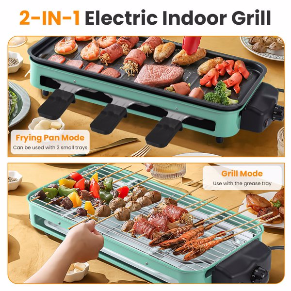 1500W Electric Indoor Grill 2 in 1 Electric BBQ Gill with Grill Net Removable Plate 5 Temperature Control 3 Small Trays Dishwasher Safe