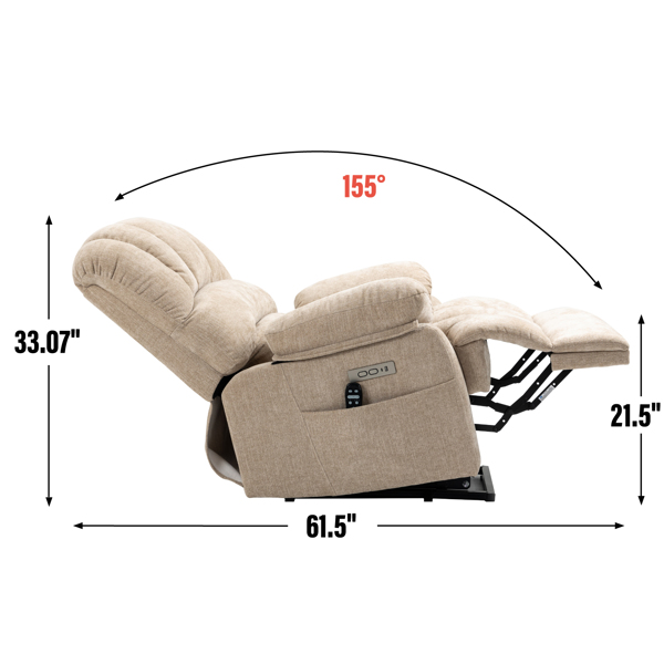 23" Seat Width and High Back Large Size Beige Chenille Power Lift Recliner Chair with 8-Point Vibration Massage and Lumbar Heating