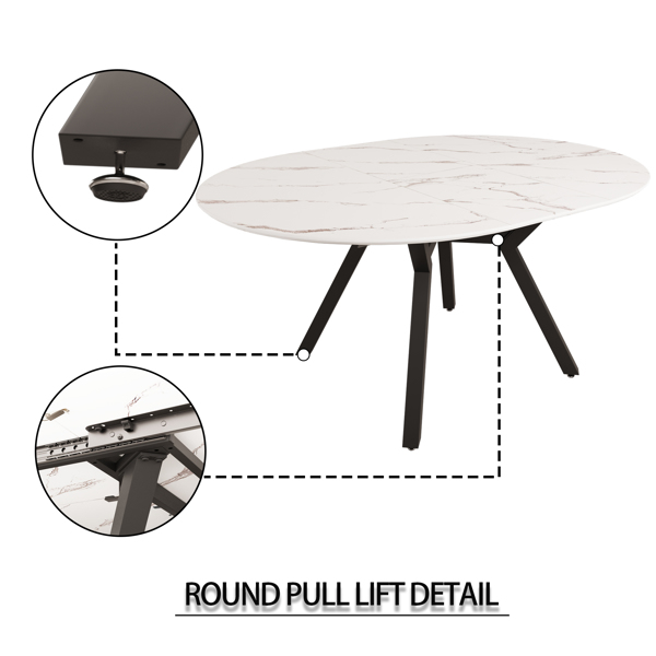 47-63 " extendable white circular dining table, 4-6 person kitchen dining table, modern coffee table with MDF tabletop and metal legs, suitable for kitchen&home 