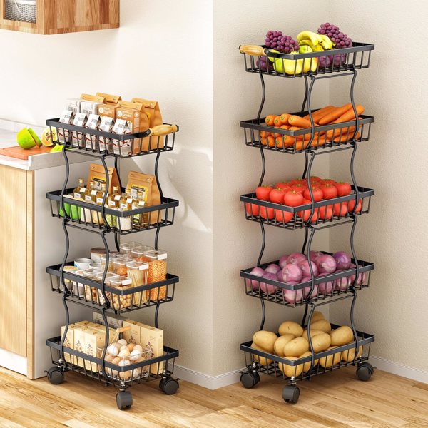 Kitchen with 4 layers of slender fruit baskets, stackable metal wire fruit and vegetable storage baskets with wheeled storage racks, metal agricultural product baskets, black