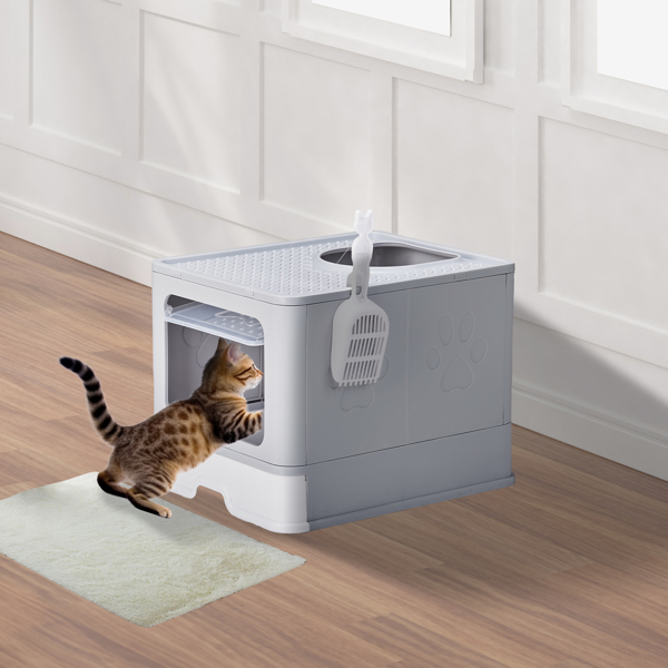 Large Enclosed Cat Litter Box with Lid Cover, Detachable Cat Toilet with Litter Scoop & Slide Out Tray, Front Entry Top Exit Door, Easy to Clean, Gray