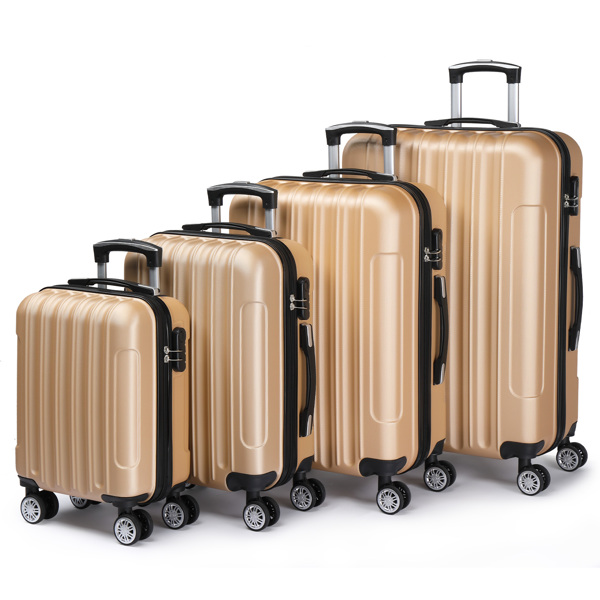 FCH Four-Piece Set Vertical Stripe ABS Luggage 16in, 20in, 24in, 28in with ABS Material and Steel Telescopic Handle in Trendy Champagne Gold