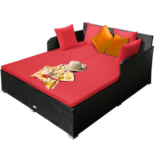 Red Outdoor Rattan Daybed with Upholstered Cushions