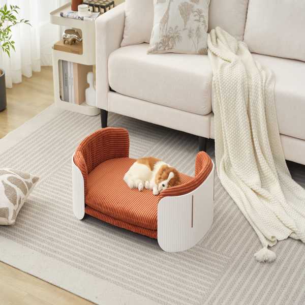 Scandinavian style Cat Couch Bed, Pet Sofa for Indoor Cats PP Indoor Pet Furniture Elevated Cat Beds with Removable Mattress Cover Suitable for Kitty, Puppy or Small Animal  Brand Design  White Brown