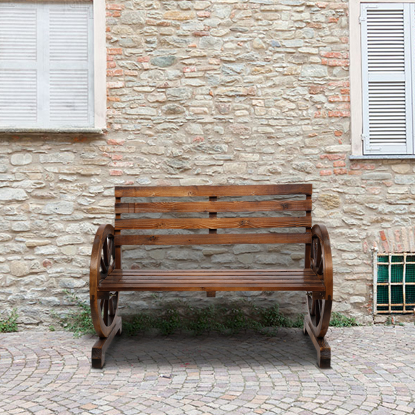 【Replace 28138436】Rustic 2-Person Wooden Wagon Wheel Bench with Slatted Seat and Backrest, Brown