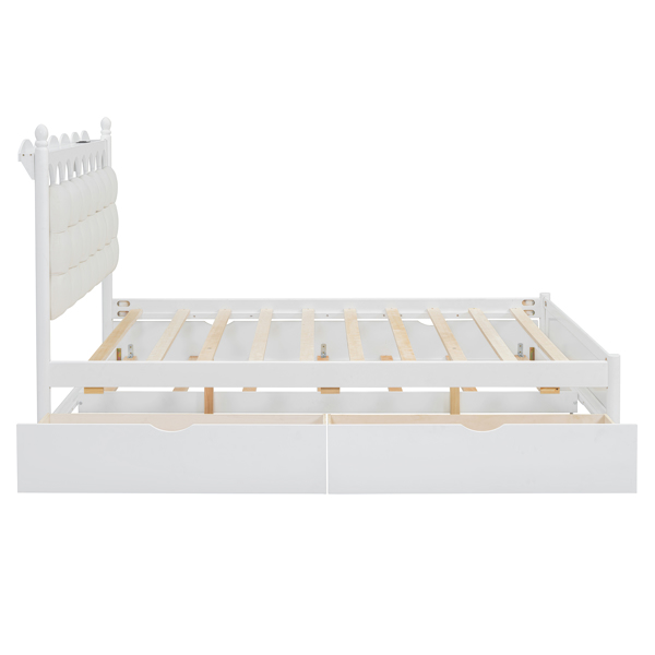 Queen Size Wooden Storage Platform Bed, with 2 Big Drawers, Twin-XL Size Trundle, White