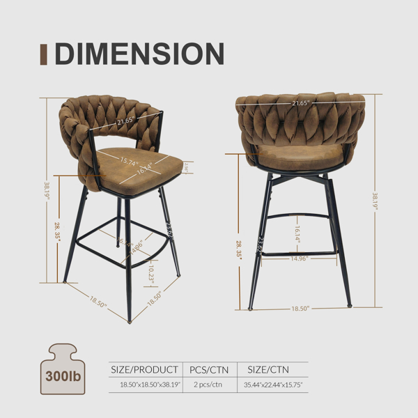 28" Technical Leather Woven Bar Stool Set of 2,Black legs Barstools No Adjustable Kitchen Island Chairs,360 Swivel Bar Stools Upholstered Bar Chair Counter Stool Arm Chairs with Back Footrest (Brown) 