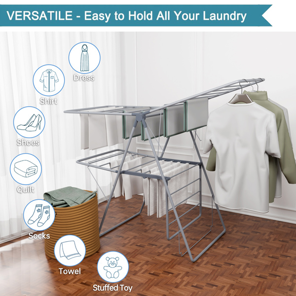 1pc, Clothes Drying Rack Foldable, Foldable Laundry Drying Rack, Free-Standing Large Drying Rack, with Height-Adjustable Wings, for Indoor Outdoor, Grey