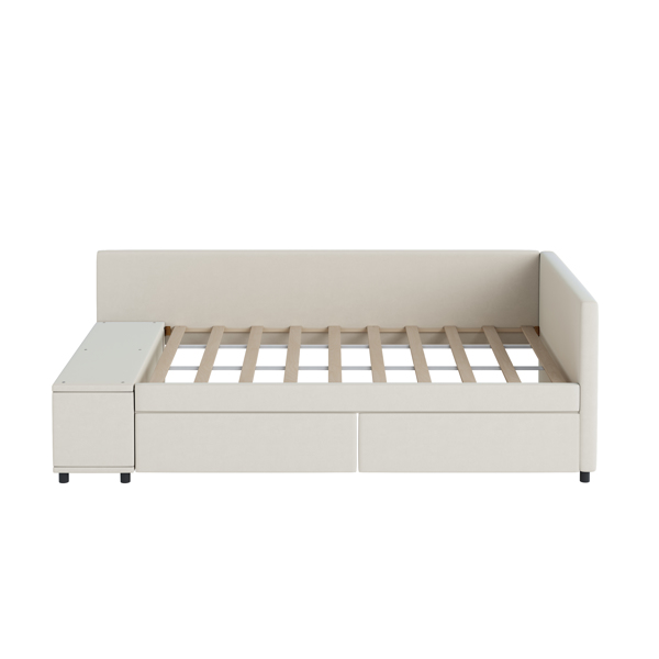 Twin size L-Shaped Upholstered Platform Bed with Storage and Drawers, Beige