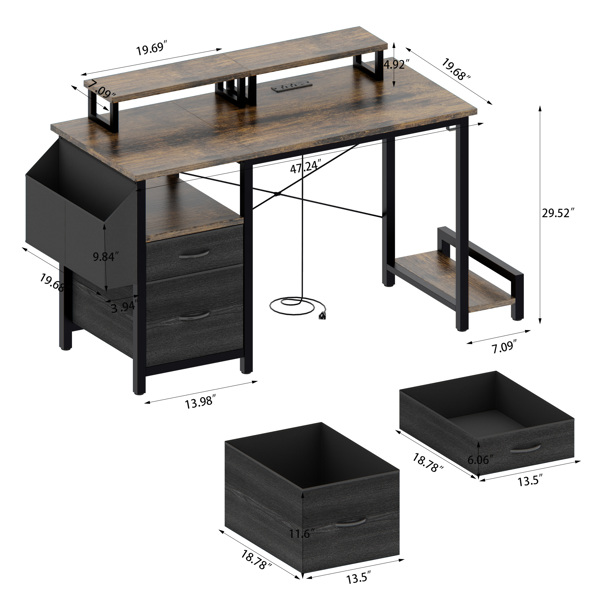 47.27"office desk with power outlet, 2 Monitor Stands and USB Ports,Gaming Desk with Storage Shelves,2 Fabric Drawers, Large Side Pocket,and hooks for Home Office Study, Rustic Brown